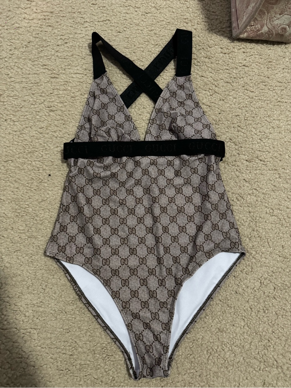 Gucci Brown Monogram One-Piece Swimsuit with Black Straps
